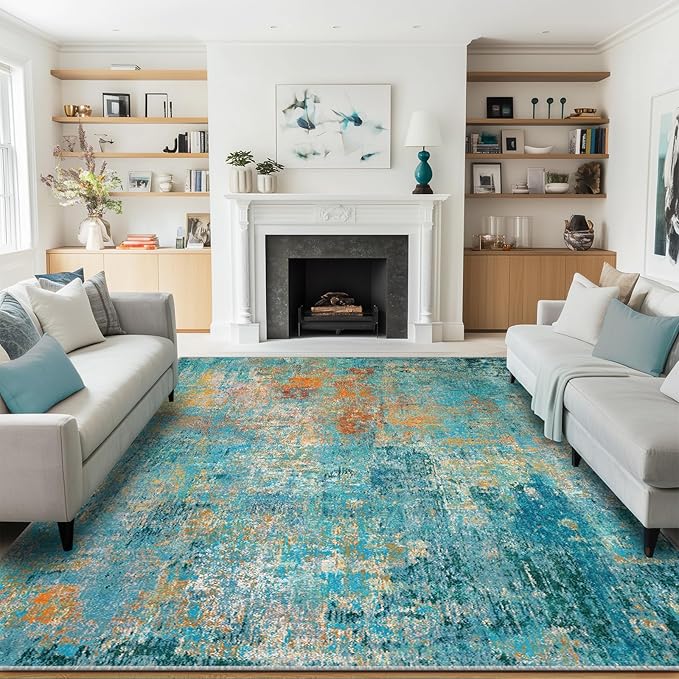 RELEANY Washable Area Rugs 9'x12' Non-Slip Modern Abstract Soft for Living Room Entryway Bedroom Nursery, Print Pattern, Teal Blue Green Orange Rust Red Coloreful