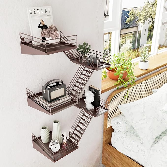 Fire Escape Shelf - 5 Tier Large Coffee Metal Fire Escape Wall Shelves with Baskets, New York Action Figurine Display Shelf, Unique Rustic Floating Decorative Wall Shelves for Home