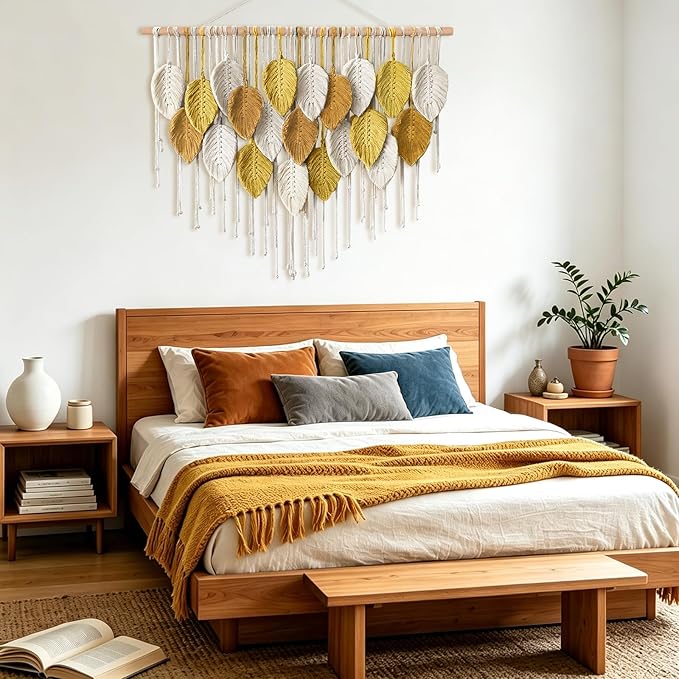 KHOYIME Large Macrame Wall Hanging Boho Woven Tapestry, Bohemian Farmhouse Handmade Yellow Leaf Feather Wall Art Chic Modern Home Decoration for Living Room Bedroom Nursery Dorm Backdrop 39"W X 29.5"L