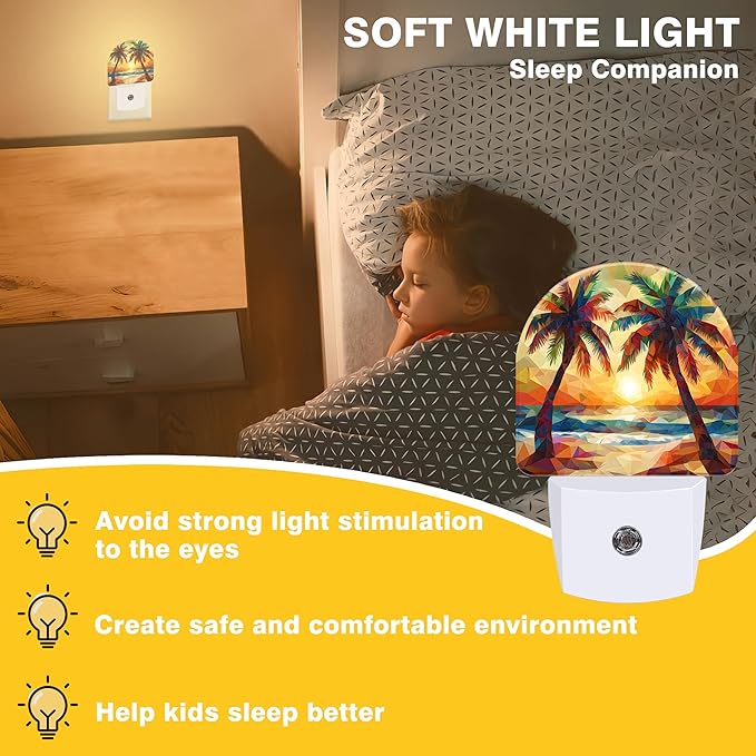 Night Lights Plug into Wall Beach Sunset with Palm Trees Night Light Dusk to Dawn Smart Sensor Decorative Round Led Lamp for Bedroom Kitchen Hallway Nightlight for Women Men