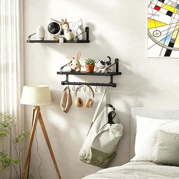 Love-KANKEI Floating Shelves for Coffee Bar,Bathroom Shelves with Towel Bar, Wall Shelves with 8 Hooks for Kitchen, Storage Shelf Set of 2 for Bedroom,Living Room，17.3 Inch Black