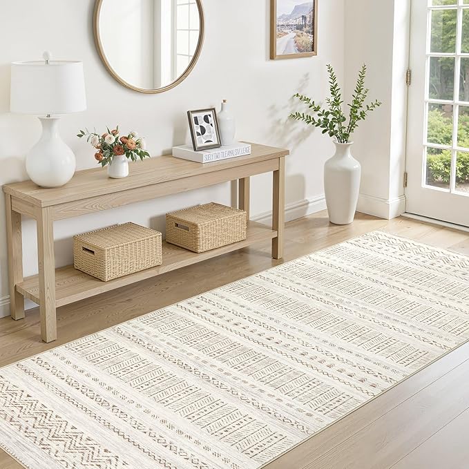 cotiled Hallway 3x10 Runner Rugs: Washable Boho Rugs with Non Slip Backing Large Soft Indoor Stain Resistant Carpet for Living Room Bedroom Farmhouse Dining Room Lightweight Home Decor Brown/Cream
