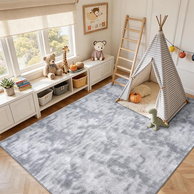 FinRèc 5x7 Washable Area Rugs for Bedroom Living Room, Low Pile Thin Ultra Soft Shag Rug, Non-Slip Carpet Indoor for Home Decor (Tie-dye Grey)
