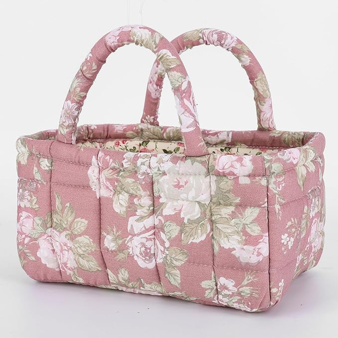 Small Storage Basket Organizer, Mini Quilted Fabric Basket with Handle, Collapsible Storage Bin for Socks, Keys, Diapers