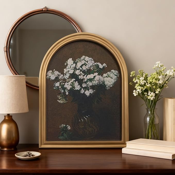 TwoDays Gold Vintage Flower Arched Wood Framed Wall Art – Moody Floral Canvas Picture for Home Aesthetic Wall Decor, Cottagecore Farmhouse Artwork Prints for Living Room, Bedroom (11" x 13.8")