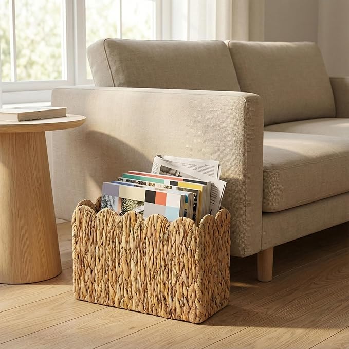 Water Hyacinth Magazine Holder for Floor, Wicker Magazine Basket, Tall Narrow Magazine Rack & File Holder for Books, Mail & Newspapers, Scalloped Storage Basket for Living Room, Office, Bedroom