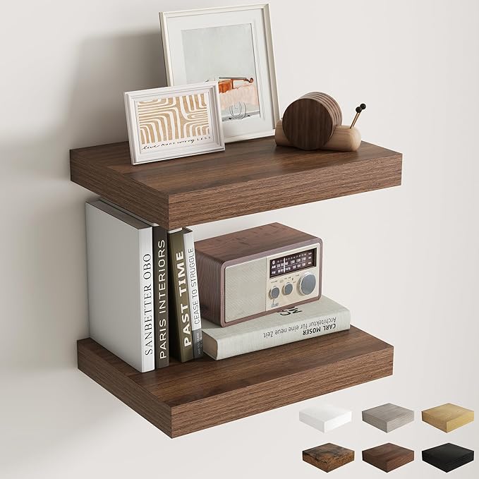 Fun Memories Floating Shelves for Wall, 12 x 16 Floating Shelf for Books, Rustic Wood Deep Storage Wall Shelf with Invisible Bracket - 16" Walnut Shelves for Living Room & Bedroom, Set of 2