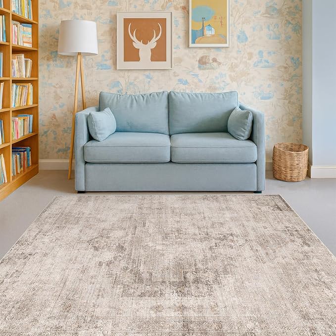 Washable 4x6 Area Rug for Entryway Indoor, Living Room, Kitchen, Bedroom Bedside - Stain-Resistant Non-Slip with Rubber Backing, Unique Floral Aesthetic Décor, Light Brown & Beige