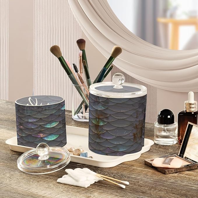 Black Dragon Scalesglittering Clear Plastic Makeup Organizer Storage with lid Pantry Essentials Decorative storage bin for Cotton Swabs,Cotton Pads,Floss Picks,Paper Clips,Hair Clips 2 Pack