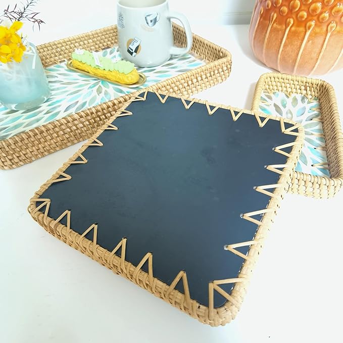 i-lan Set of 3 15" Rectangular Rattan and Blue Mother of Pearl Serving Tray,Boho Rectangule Natural Rattan Woven Trays,Natural Wicker Decorative Serving Baskets for Entryway Kitchen Bathroom Counter