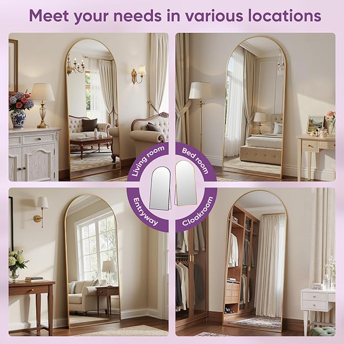 Full Length Mirror, 71"x27" Arched Floor Mirror Freestanding, Floor Standing Full Body Mirror with Stand for Bedroom, Hanging Mounted for Living Room Cloakroom, Gold