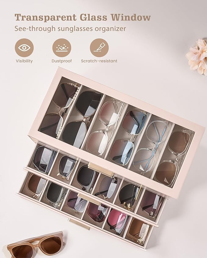 Lolalet Sunglasses Storage Box for Women, Eyewear Eye Glass Organizer with Clear Top Display Holder Case, Mothers Day Gifts