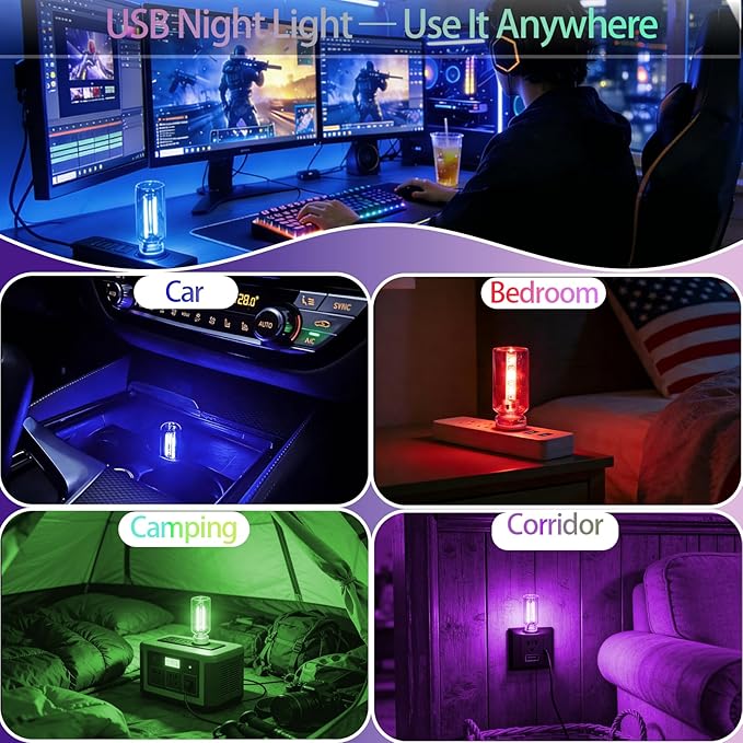 4 Pack USB Ambient Light Set, Mini Vintage Glass USB Night Lights with Touch Control & Dimmable, Plug in Car Interior Atmosphere Lamp for Bedroom, Laptop, Portable Mood Lighting(Red Blue Purple Green)
