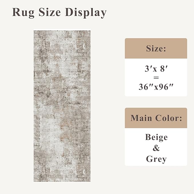 3x8 Washable Non-Slip Runner Rug – Modern Abstract Neutral Wide Carpet Runner for Kitchen, Hallway, Entryway, Bathroom, Bedroom – Low-Pile Thin Floor Mat with Rubber Backing (Beige Grey)