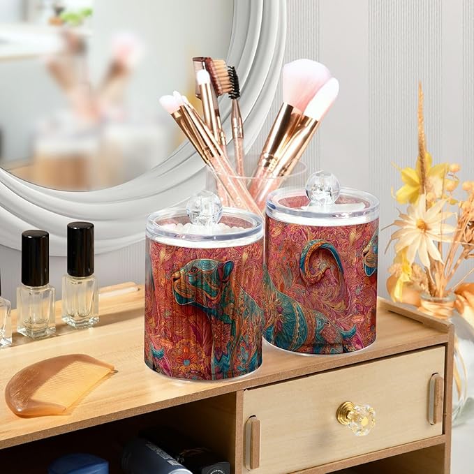 2 Pack Apothecary Jars Pastel Colored Painted Leopard Bathroom Vanity Storage Organizer Set,Small Clear Plastic Storage Jars Bathroom Canister for Cotton Swabs, Rounds, Balls, Qtips,Makeup Spon