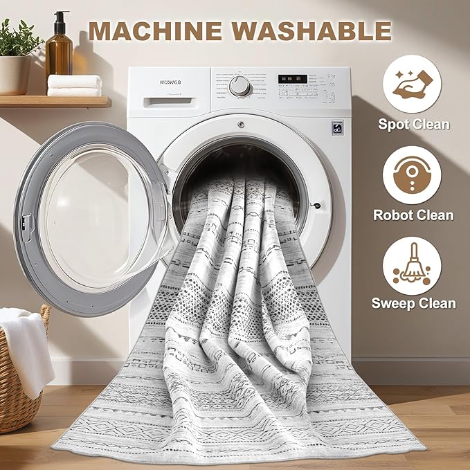Nakagishi Runner Rug Kitchen Washable Rugs: 3x8 Non-Slip Boho Soft Modern Stain Resistant Indoor Floor Neutral Farmhouse Throw Carpet for Hallway Bathroom Laundry Room Entryway Bedroom- Grey