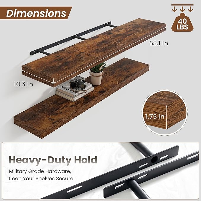 Heimlove Floating Shelves for Wall 55 Inch Long,Extra Large and Thick Wood Shelves Mounted Storage Hanging Shelf Invisible Bracket for Bedroom,Living Room,Kitchen,Office,Set of 2,Rustic Brown