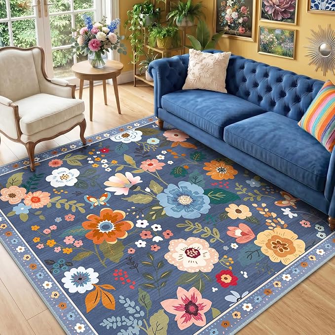 RELEANY Floral Nursery Square 6ft Area Rugs Washable Print Boho Cute Carpet Non Slip Flower Low Pile for Living Room Kids Girls Playroom Bedroom Kitchen Office Farmhouse-Blue/Grey