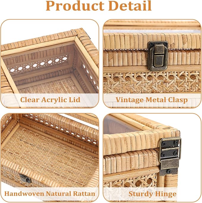 Rattan Box Rattan Decorative Storage Box with Lid Rectangular Wicker Rattan Basket Box for Shelf Rattan Box for Decor,11"L x 7.1"W x 4"H