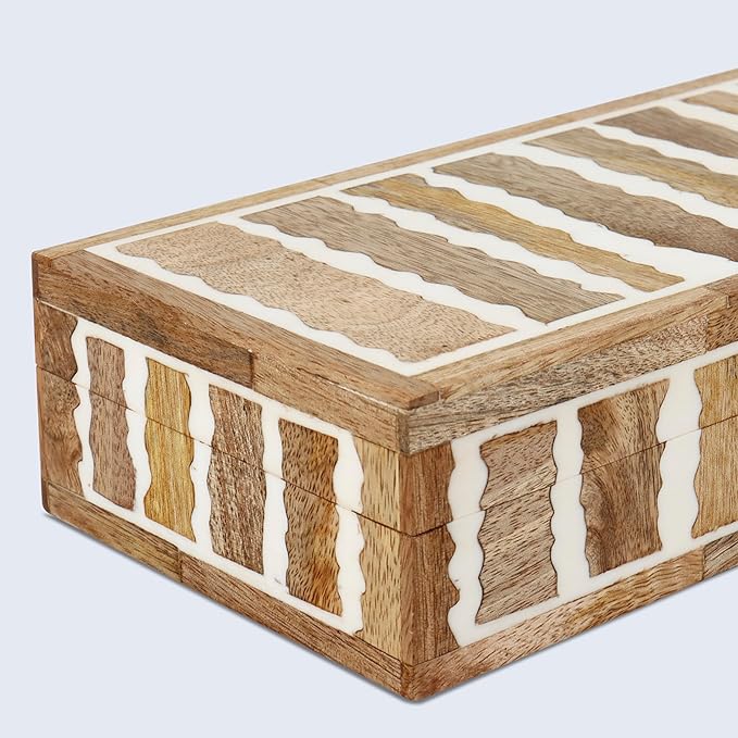 Handicrafts Home White Decorative Storage Box with Lid Wooden Coffee Table Storage Box Decorative Organizer for Living Room Decor – Resin Inlay Kept Safari Collection - 10x4.5x2.5
