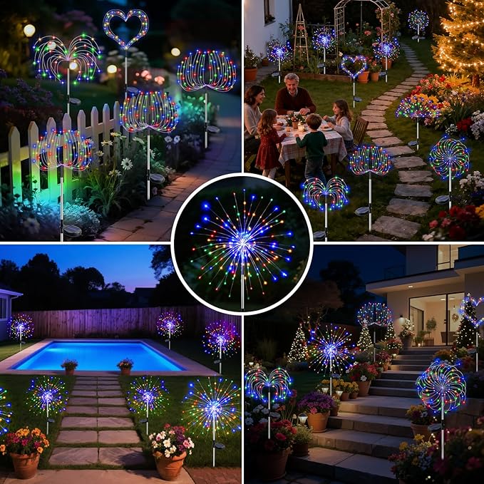 btfarm 10 Pack Solar Garden Lights Outdoor, 8 Modes Firework Lights Solar Powered, Waterproof Twinkle Fairy Light Outside for Yard Patio Pathway Pool Christmas Party Decorative, Multicolor
