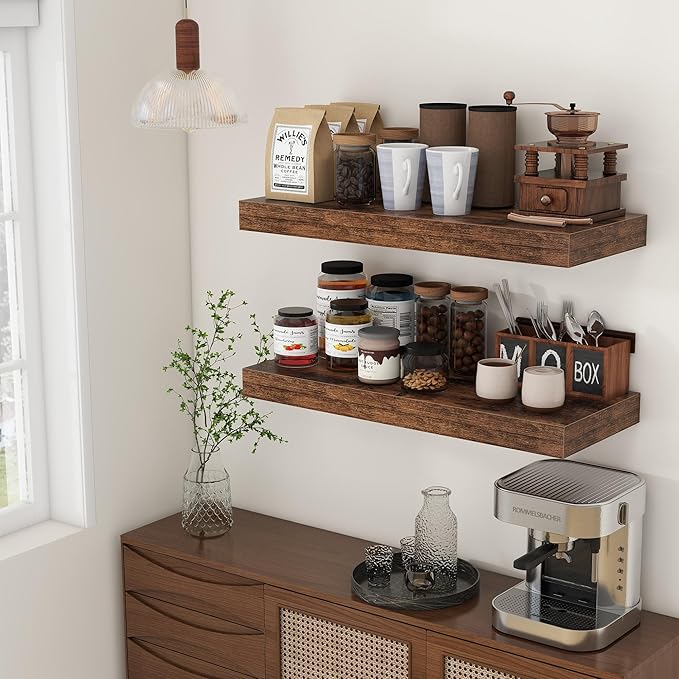 FLYJOE 30 Inch Floating Shelves | 12 Inch Deep Brown Floating Shelves Set of 2 | 30" W x 12" D Rustic Wood Shelves for Wall | Deep Brown Shelves for Living Room Bathroom Laundry Room Kitchen