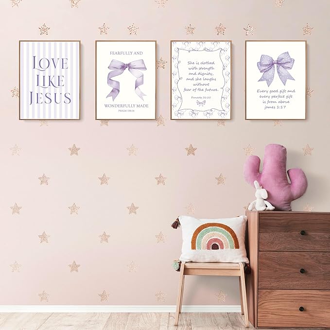 LARTSFRO Coquette Purple Bow Jesus Wall Art Decor Posters, Purple Bow Christian Room Bedroom Bathroom Dorm Wall Art Decor Aesthetic for Teen Girls Gifts, Inspirational Bible Verses Bow Wall Decor, 12x16 Inch Set of 4 Bow Pictures (UNFRAMED)