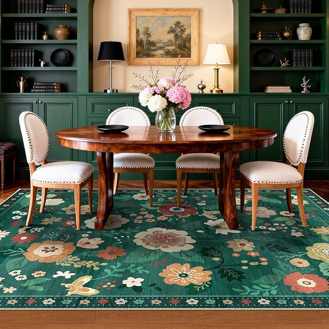 RELEANY Floral Nursery 5x7 Area Rugs Washable Print Boho Cute Carpet Non Slip Flower Low Pile for Living Room Kids Girls Playroom Bedroom Kitchen Office Farmhouse-Dark Green