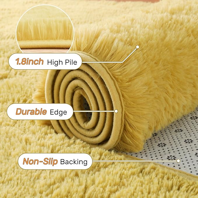 5x7 Yellow Rug for Living Room Shag Area Rugs Fluffy Bedroom Plush Carpet Thick Non Slip for Nursery Kids PlayRoom Home Decor Aesthetic