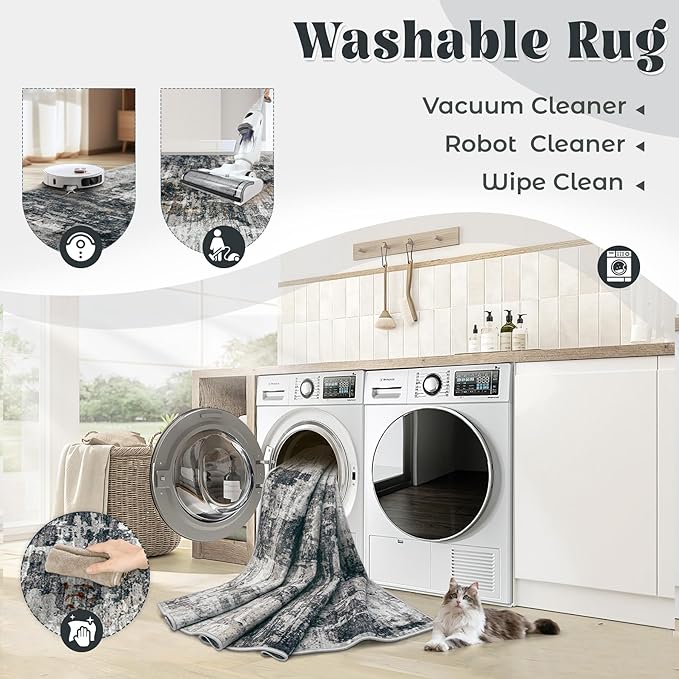XLUEZ 5x7 Area Rugs for Living Room, Washable Modern Abstract Large Area Rug Neutral Soft Non Slip Kids Rug Stain Resistant Indoor Carpet for Bedroom Nursery Dining Room Playroom(BlackGrey, 5'x7')