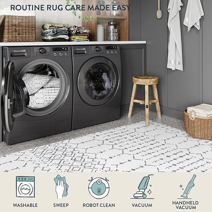 Lahome Moroccan 9x12 Washable Area Rug - Non-Slip Washable Ultra-Thin Soft Large Rug for Living Room, Modern Geometric Print Stain Resistant Carpet for Bedroom Dining Room Hana, White
