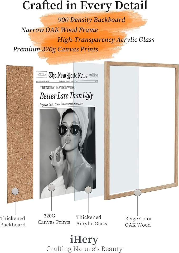 iHery Natural OAK Wood Audrey Hepburn Newspaper Trendy Framed Wall Art, 12x16 in Vintage Headline Canvas Bedroom Wall Decor, Better Late Than Ugly,Bathroom Artwork Apartment Girly Dorm Room 1Pack