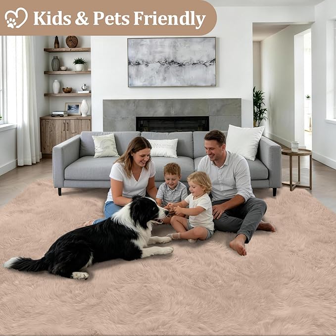 Fluffy 5x7 Area Rugs for Living Room Bedroom: Ultra Soft Shag Rug Non-Slip Non-Shedding Small Plush Bedside Rug Indoor Floor Carpets for Kids Room Playroom Entryway Nursery Dorms Home Decor Beige