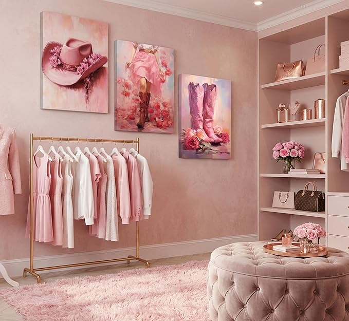 3Pcs Pink Cowgirl Canvas Wall Art Funky Cowgirl Boots Pictures Wall Decor Western Flower Boots Hat Aesthetic Posters Prints Paintings for Preppy Room Bedroom Apartment Decoration Prepare to hang