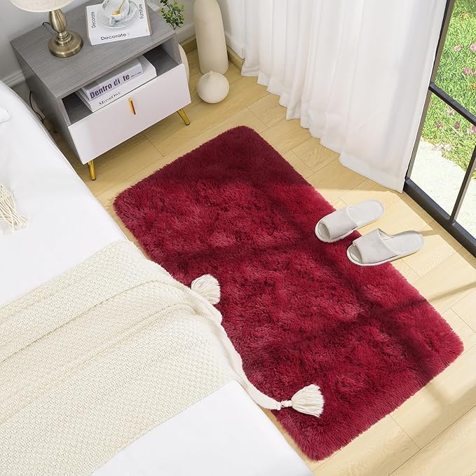 BENRON Fluffy Runner Rugs 2x4, Soft Long Runners for Bedroom Hallyway Entryway Kitchen, Washable Fuzzy Throw Rug for Kids Girls Room Decor Photo Prop, Wine Red