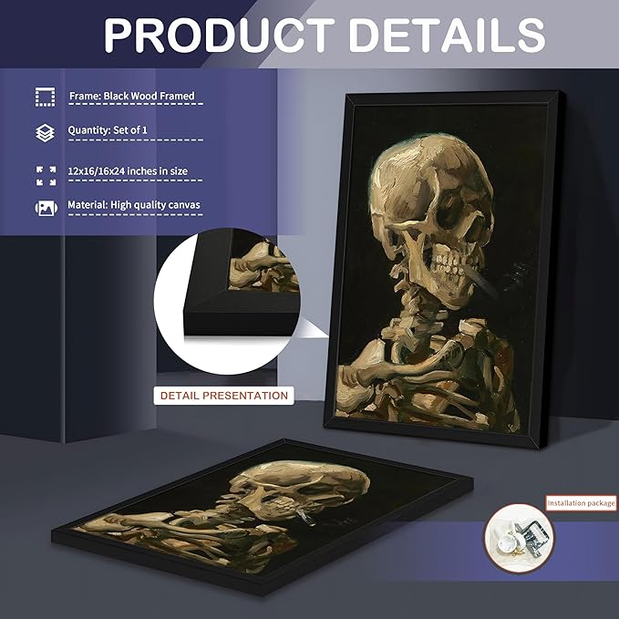 Framed Vincent Van Gogh Skull with Cigarette Canvas Wall Art - Skeleton Paintings Wall Decor, Post-Impressionism Gothic Picture Aesthetic for Halloween Decor Bedroom Living Room Artwork 16x24 inch