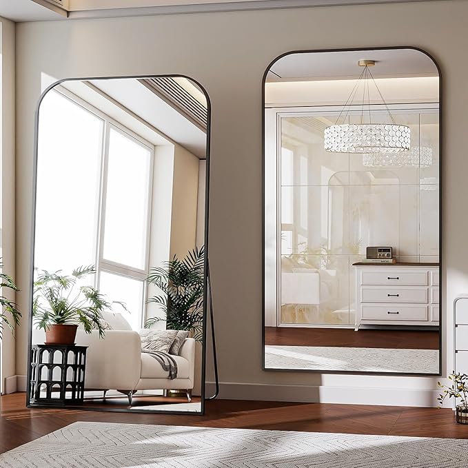 Full Length Mirror 86"x40" Arched Floor Standing Large Mirrors Full Body Mirror with Stand - with Aluminum Frame for Bedroom Living Room, Black