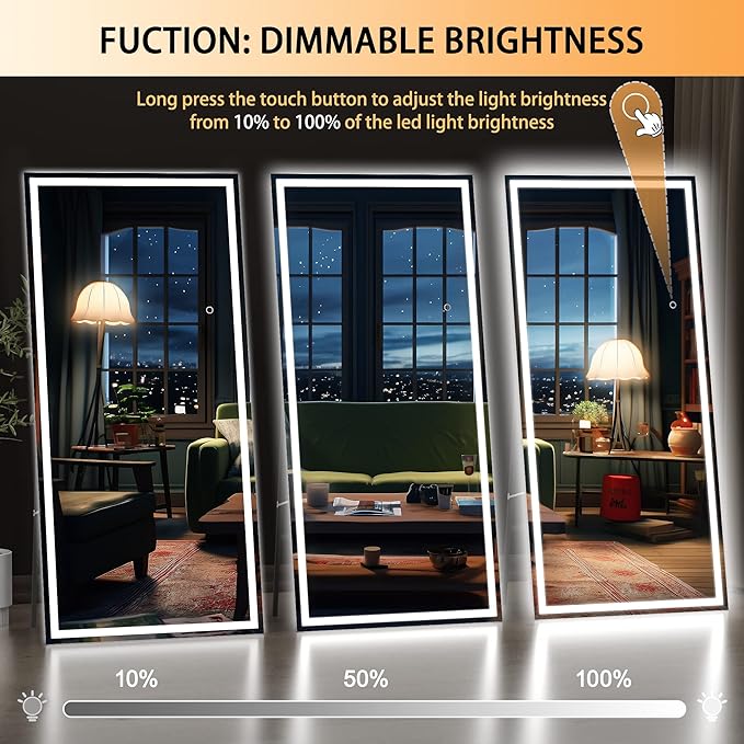 Hasipu Full Length Mirror with Lights, 79" x 32" LED Lighted Floor Standing, Full Body Dressing Hanging Mounted Mirror, Tempered Glass, Square Black