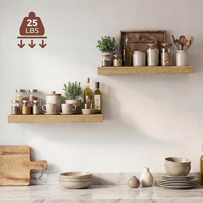 Dreamland 20 Inches Floating Shelves for Wall, 9.3" Deep Long Floating Shelves Set of 2, Large Display & Storage Shelf, Wall Shelf for Bathroom Bedroom Living Room Kitchen Office, Oak