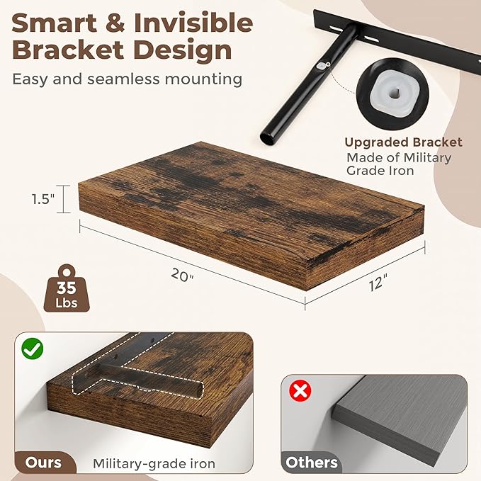 12 Inch Deep Floating Shelves for Wall, 20 x 12 Rustic Wood Grain Bathroom Shelves with Invisible Brackets, Easy Install Wood Storage Shelves for Kitchen, Living Room, Bedroom, Rustic Brown, Set of 2