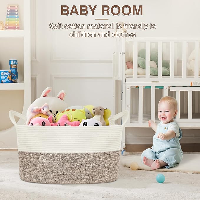 YOUDENOVA Nursery Storage Basket，21.6''×14.9''×11.8'' Rectangle Cotton Rope Blanket Basket, Nursery Laundry Hamper for Organizing，Toy Basket for Living Room, Bedroom