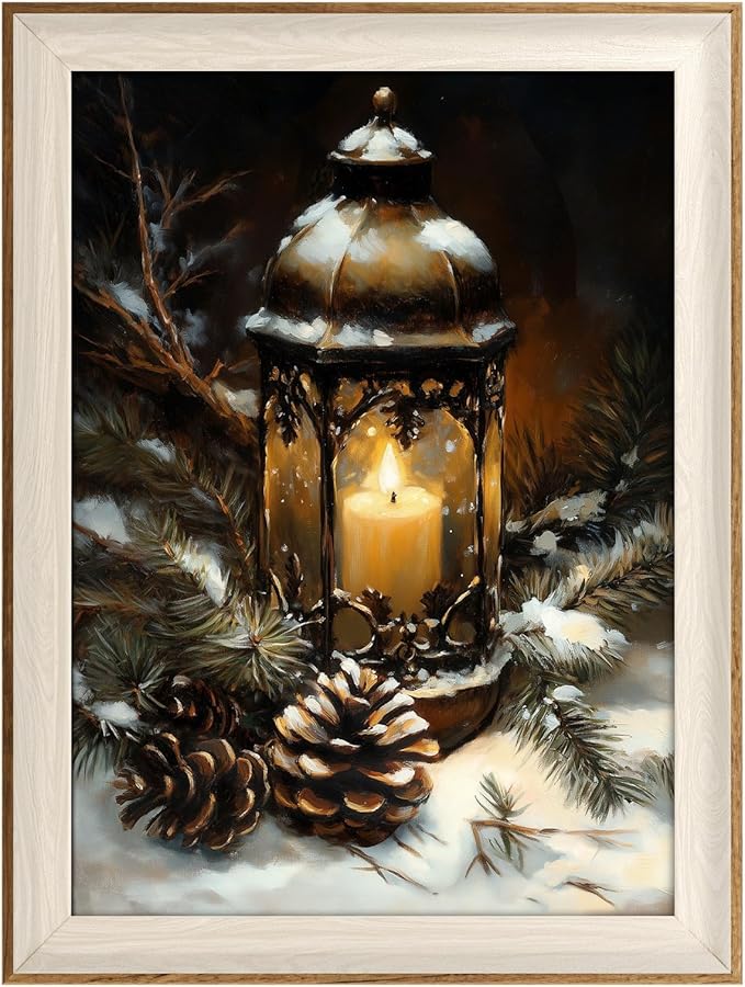 VIYYIEA Winter Framed Wall Art for Living Room, Oil Lamp Canvas Prints, Oil Painting Home Decor, Christmas Picture, Bathroom Wall Decor Gifts for Friends or Family - 16L x 12W