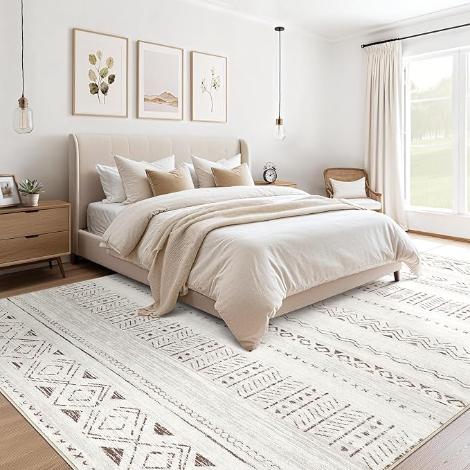 cotiled 7x10 Area Rug Living Room: Washable Boho Rugs with Non Slip Backing Large Soft Indoor Stain Resistant Carpet for Bedroom Farmhouse Dining Room Lightweight Home Decor L Brown/Cream