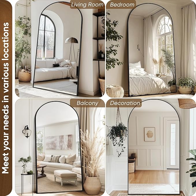 Antok Full Length Mirror, 44"x88" Floor Mirror with Stand, Hanging Mounted Mirrors for Bedroom, Living Room, Cloakroom, Dining Room, Black, Arched