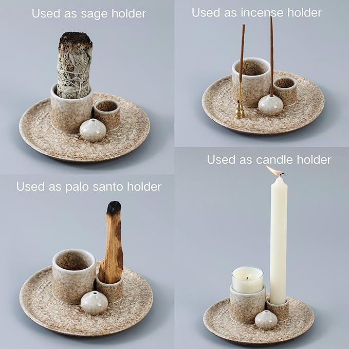 5 in 1 Incense Holder Burner, 5.9" Ceramic Holder for Burning Palo Santo Sage Candle and Incense Sticks Cones, Ash Catcher Tray for Meditation Room Home Décor (Bronze)