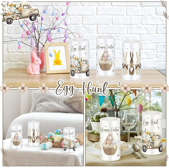 Retisee 3 Pcs Farmhouse Easter Flameless LED Candles Battery Operated Bunny Spring Flickering Pillar Candles with Remote Rabbit Happy Easter Centerpiece for Bedroom Living Room Dinner Table Decoration