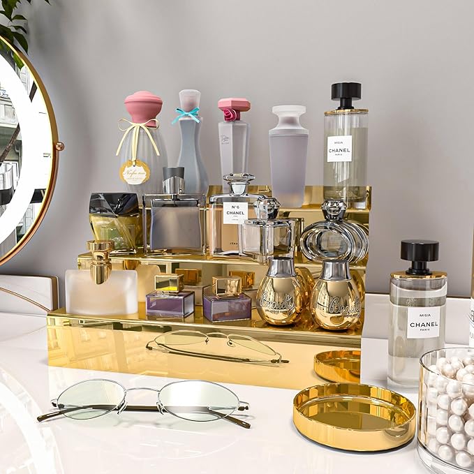 YMVV 12 IN Mirror Gold Acrylic 3 Tier Display Riser Perfume Organizer, Perfume Cologne Organizer Holder, Pops Toy Figures, Clear Cupcake Riser, Dessert Shelf