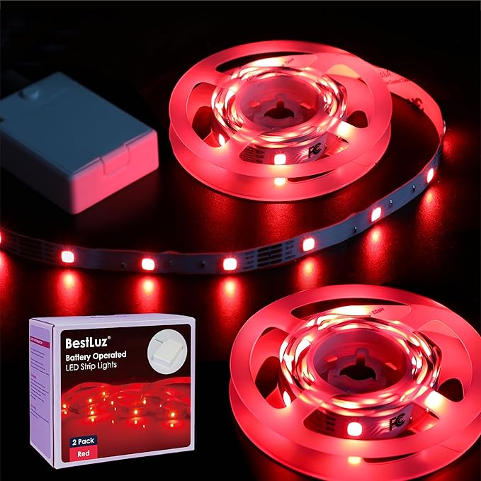 BestLuz LED Strip Lights Battery Operated 3.33ft x 2 Pack Flexible LED Light Strip Battery Powered Lighting for Bedroom Room Decor Cabinet Shelf TV Backlight Red