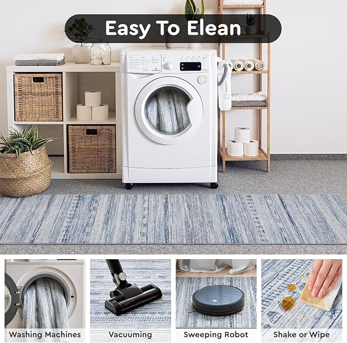 2x8 Runner Rug Machine Washable Non Slip Area Rug Distressed Neutral Moroccan Boho Rug Ultra Soft Floor Runners for Hallways for Entryway Laundry Room Kitchen, Blue