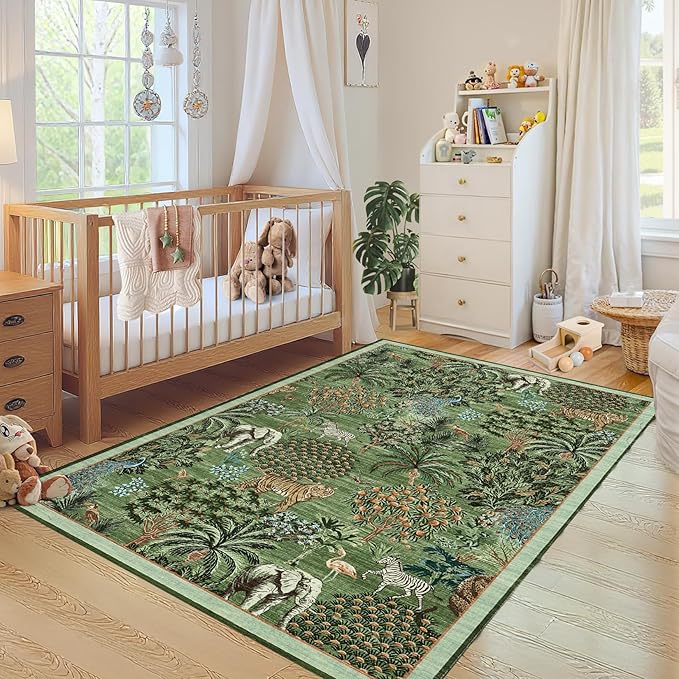 GarveeHome Jungle Animal Print Rug 3x5 Washable Area Rugs for Living Room, Forest Rug Non Slip Soft Low Pile Stain Resistance Throw Carpet for Bedroom Kids Playroom Nursery, Forest Green